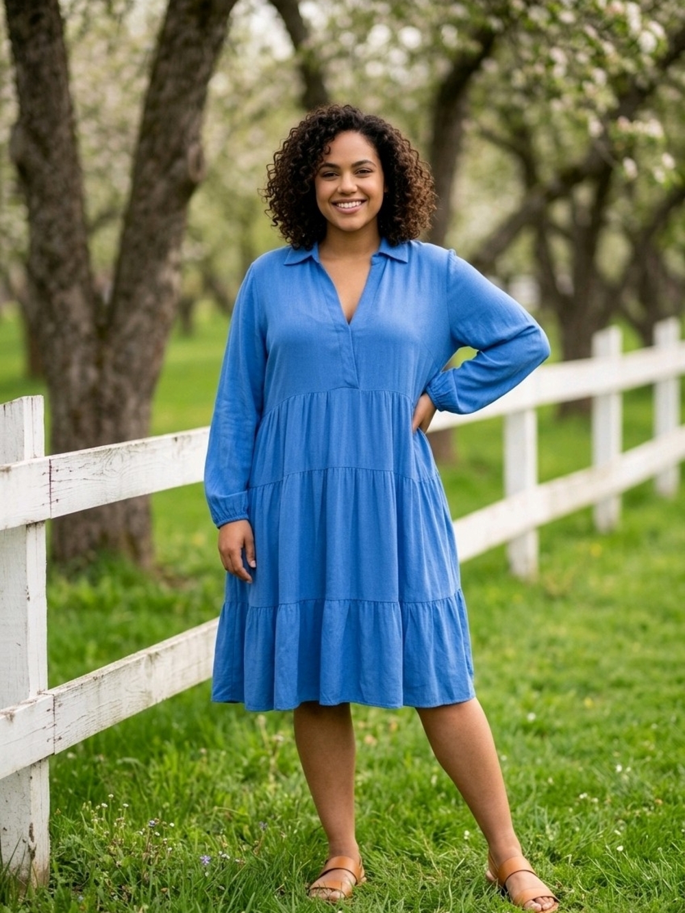 Umgee 100% Linen/Cotton Blend Blue Long Sleeve Tiered V-Neck Dress